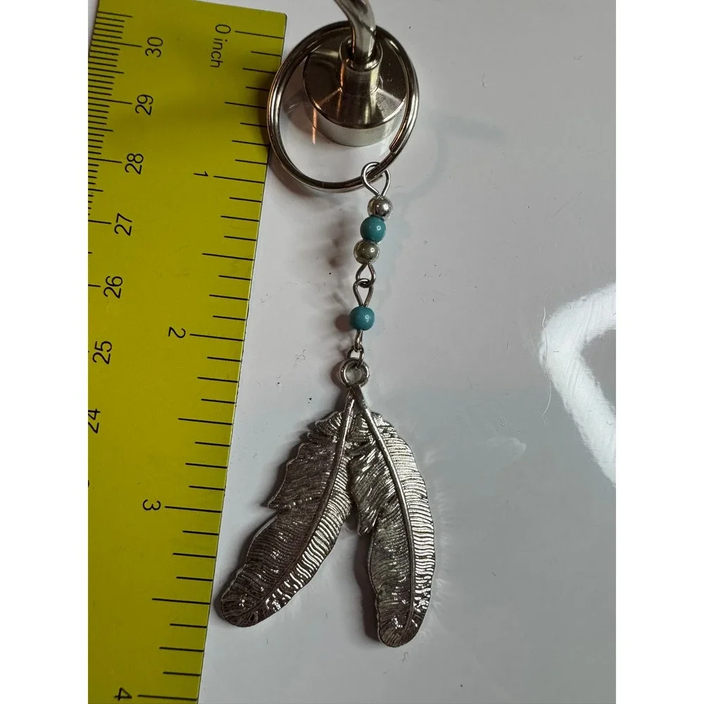 Bohemian Silver Tone‎ Double Feather Keychain with Turquoise Beads Southwestern